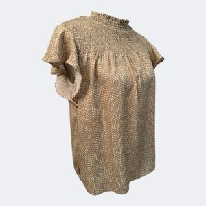 Wishlist apparel Tan Polka Dot Smocked Neck Ruffle Short Sleeve Blouse Sz M